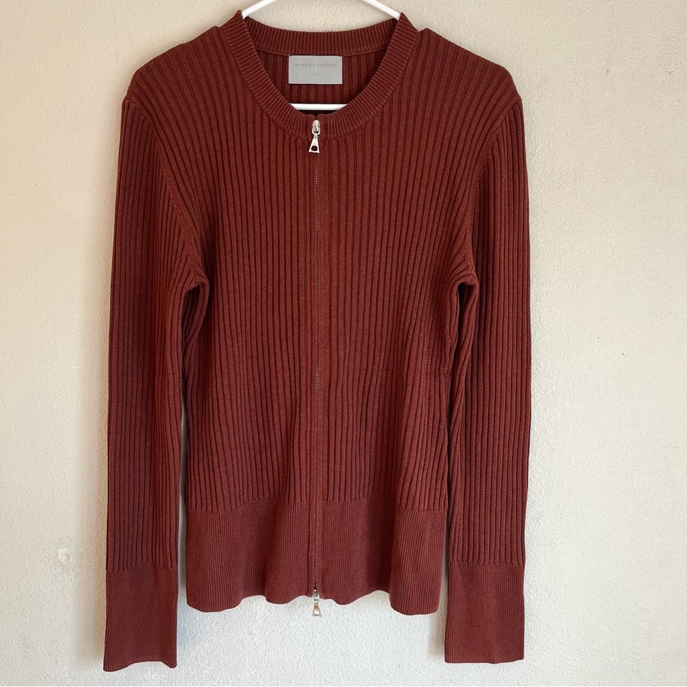 Modern Citizen Brown Zip Up Cardigan Sz XL Ribbed Linen Blend